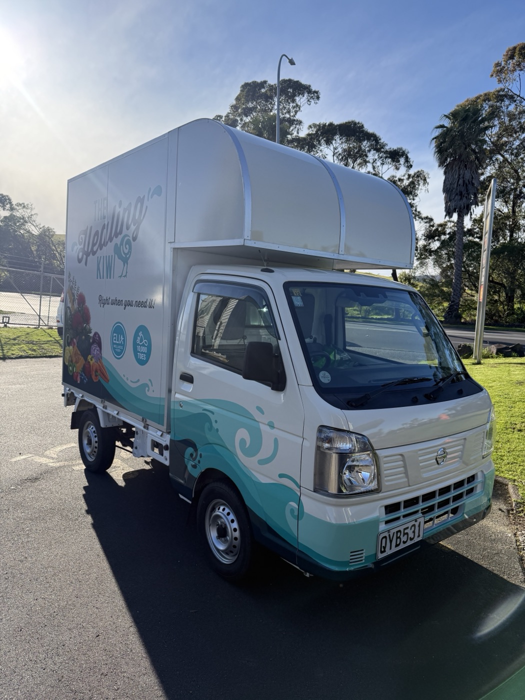 The Healing Kiwi truck parked outdoors under a blue sky, with teal waves along the cab